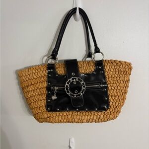 Kathy Van Zeelamd Elegant Black and Tan Woven Straw  Tote Bag